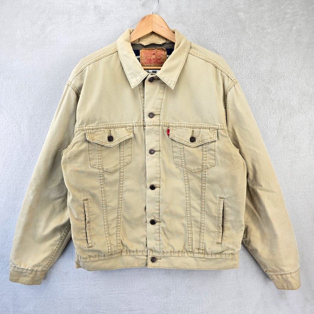 Vintage Levis Twill Denim Trucker Jacket Mens L Beige 70518 Blanket Lined Faded